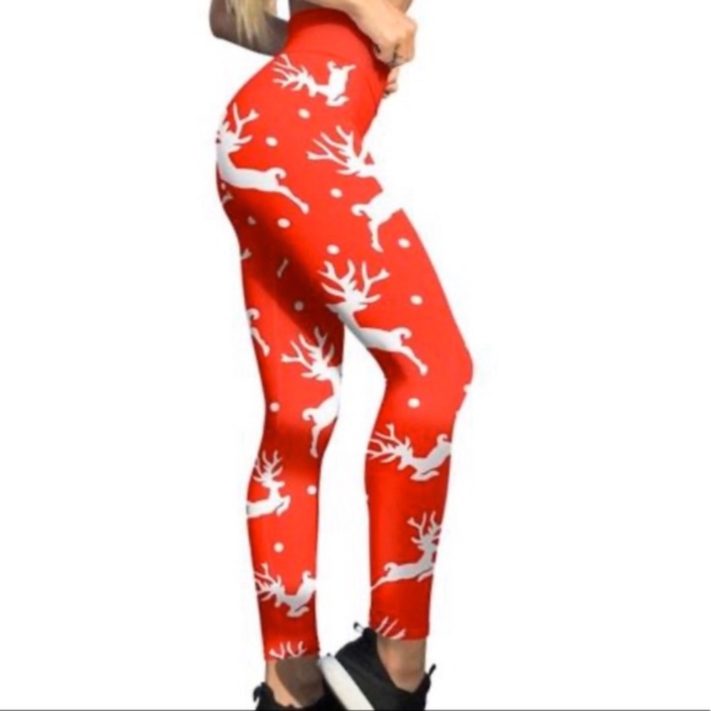 NEW Red White Reindeer Print Festive Holiday Christmas Legging Size Small